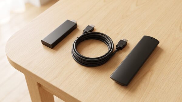 Streaming-Stick, HDMI-Kabel und Fernbedienung auf dem Tisch