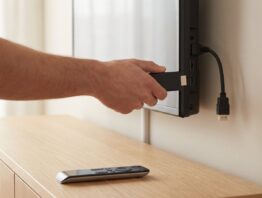 TV-Stick wird in den HDMI-Anschluss eines Fernsehers gesteckt