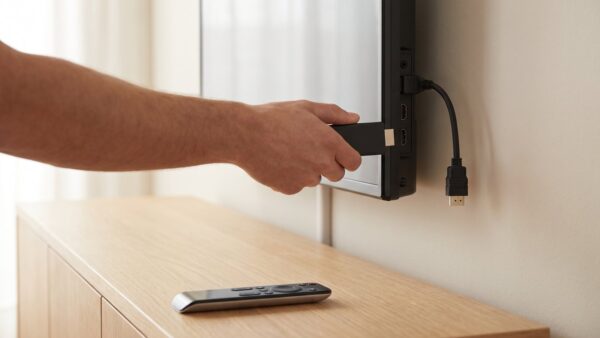 tv stick kaufberatung bild 1 TV-Stick wird in den HDMI-Anschluss eines Fernsehers gesteckt