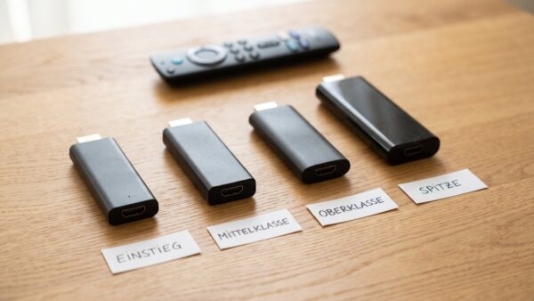 tv stick kaufberatung bild 2 Vier Streaming-Sticks nebeneinander als Modellvergleich mit Schildchen