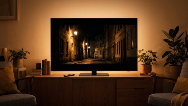 tv stick kaufberatung bild 3 Fernseher zeigt eine dunkle HDR-Szene mit hohem Kontrast im abgedunkelten Wohnzimmer