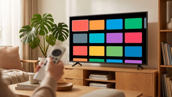 tv stick kaufberatung bild 4 Kachel-Startseite eines Streaming-Sticks auf dem Fernseher mit Fernbedienung im Vordergrund