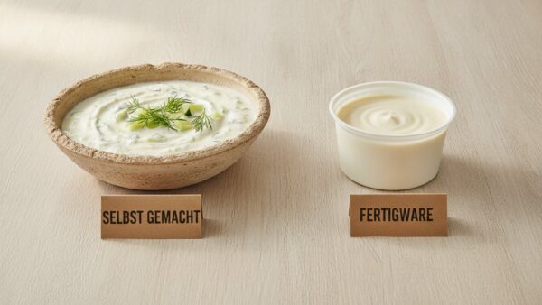 Tzatziki selbst gemacht im Vergleich zur Fertigware aus dem Kühlregal