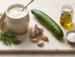 Zutaten fuer Tzatziki selber machen: griechischer Joghurt, Gurke, Knoblauch, Olivenoel