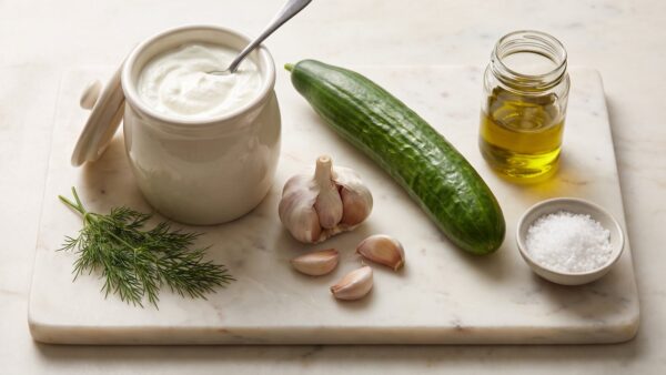 Zutaten für Tzatziki selber machen: griechischer Joghurt, Salatgurke, Knoblauch und Olivenöl