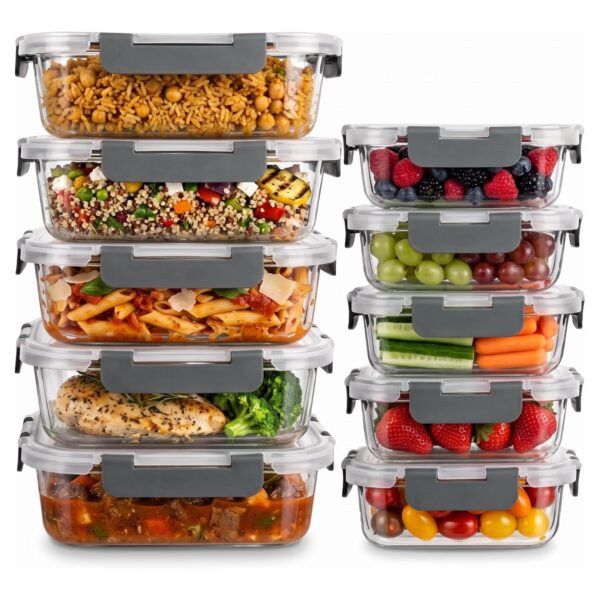 uandu Glasbehälter mit Deckel 20-teilig – Meal Prep Boxen Glas Anthrazit 10er Set