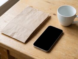 Smartphone mit schwarzem Display neben einer leeren Papiertüte und einem weißen Becher