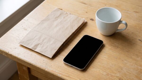 uber one bild 1 Smartphone mit schwarzem Display neben einer leeren PapiertĂŒte und einem weiĂen Becher