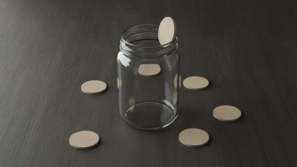uber one bild 3 Leeres Einmachglas mit glatten, unbeschrifteten Holzplaettchen daneben auf dunklem Holz