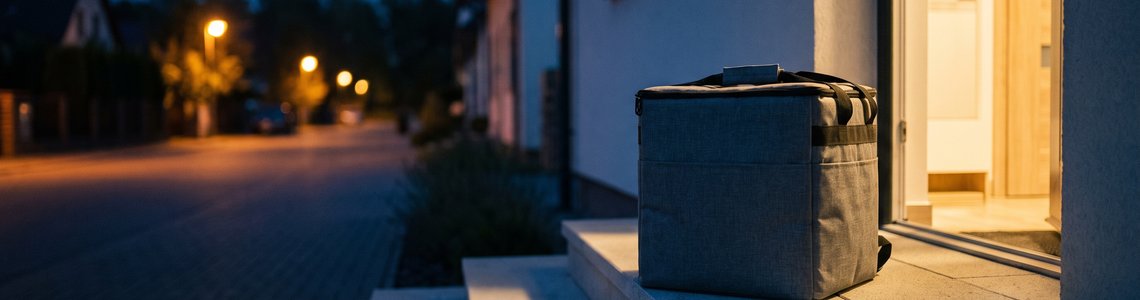 Unbedruckte graue Liefertasche auf einer Treppe vor einer beleuchteten Haustür