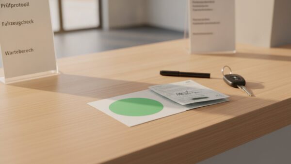 umweltplakette bild 2 Leere grüne Umweltplakette auf dem Trägerbogen neben Fahrzeugpapieren, Stift und Autoschlüssel