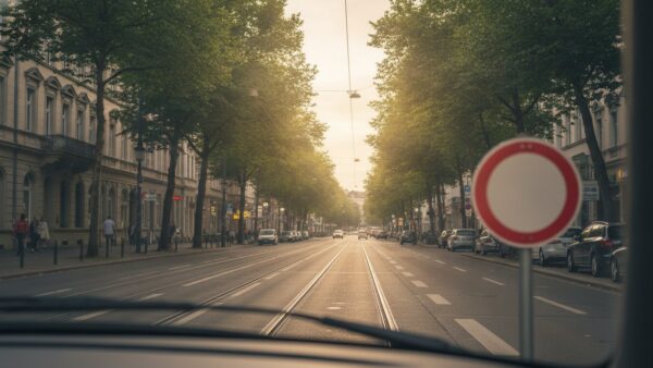 umweltplakette bild 3 Blick durch die Windschutzscheibe auf eine Innenstadtstraße mit Straßenbahnschienen in einer Umweltzone