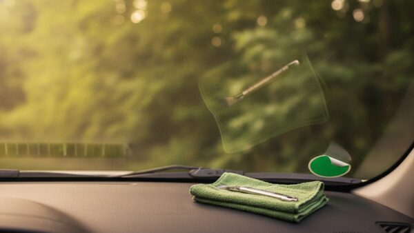 umweltplakette bild 4 Halb abgelöste grüne Umweltplakette an der Windschutzscheibe, daneben ein Glasschaber und ein Mikrofasertuch