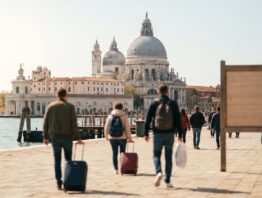Reisende mit Rollkoffern auf einer Uferpromenade in Venedig auf dem Weg in die Altstadt