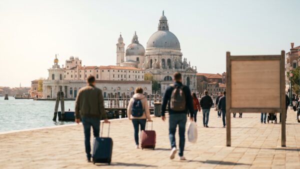 venedig eintritt bild 1 Reisende mit Rollkoffern auf einer Uferpromenade in Venedig auf dem Weg in die Altstadt