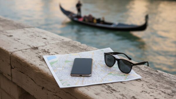 venedig eintritt bild 2 Smartphone, Stadtplan und Sonnenbrille auf einer SteinbrĂĽstung an einem Kanal in Venedig