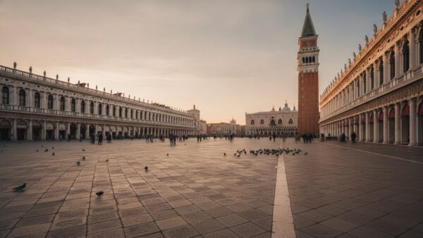 venedig eintritt bild 3 Weiter Platz mit Arkaden und Glockenturm in Venedig, nur wenige Besucher in der Ferne