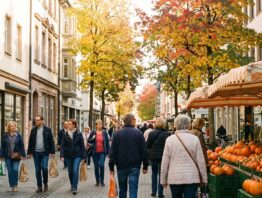 Belebte deutsche Innenstadt am verkaufsoffenen Sonntag im Oktober 2026