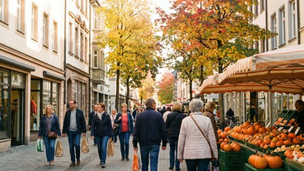 verkaufsoffener sonntag oktober 2026 innenstadt Belebte deutsche Innenstadt am verkaufsoffenen Sonntag im Oktober 2026