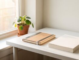 Aufgeräumter Büroarbeitsplatz mit Notebook und unbedruckten Blättern