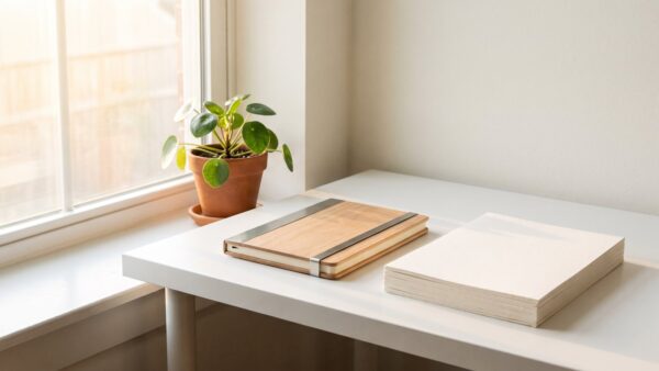 Aufgeräumter Büroarbeitsplatz mit Notebook und unbedruckten Blättern