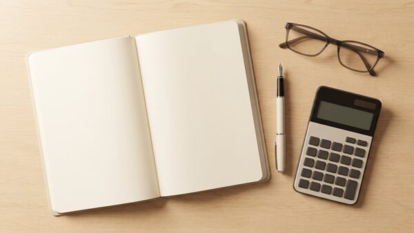 Leeres Notizbuch mit Füller, Brille und Taschenrechner