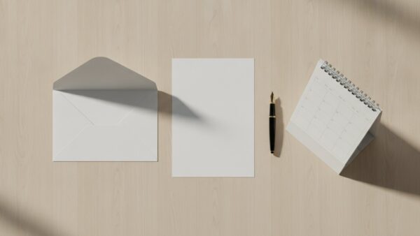 versetzung arbeitsrecht bild 4 Geöffneter Briefumschlag mit leerem Blatt, Füller und unbedrucktem Tischkalender