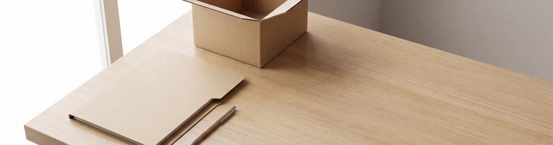 Aufgeräumter Büroschreibtisch mit unbeschriftetem Aktenordner und leerem Umzugskarton