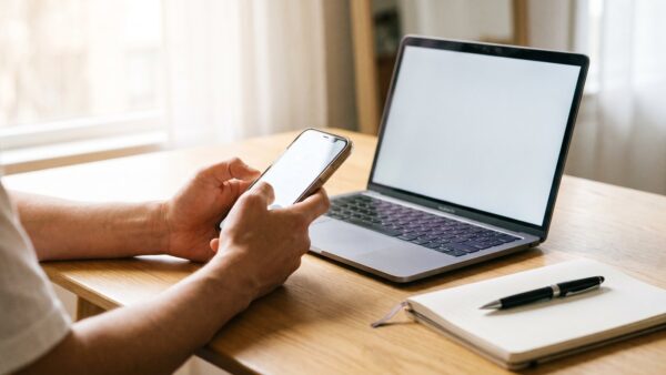 vertragsverlaengerung handyvertrag bild 2 KĂĽndigung am Laptop schreiben mit Smartphone in der Hand