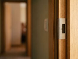 Geschlossene Wohnungstür mit schlichtem metallenem Schließblech im Türrahmen