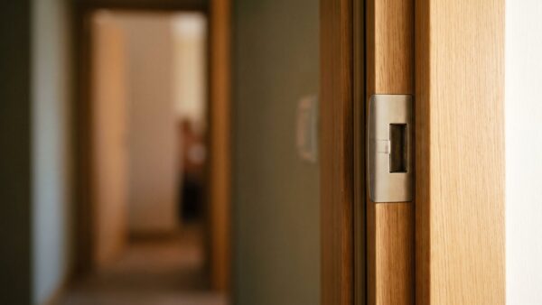 videoklingel einbruchschutz bild 1 Geschlossene Wohnungstür mit schlichtem metallenem Schließblech im Türrahmen