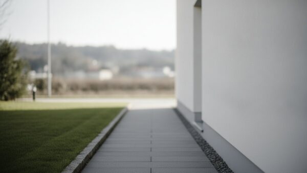 videoklingel einbruchschutz bild 2 Schmaler Gehweg vor einem hellen Wohnhaus mit angrenzendem Vorgarten