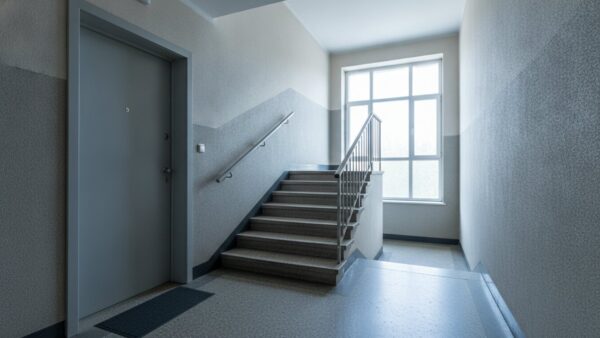 videoklingel einbruchschutz bild 3 Leeres helles Treppenhaus mit unbeschrifteter Wohnungstür und Steintreppe