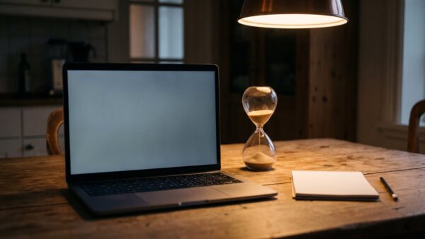 vodafone login bild 1 Laptop mit leerem Bildschirm neben einer rieselnden Sanduhr und einem Notizblock auf dem KĂĽchentisch