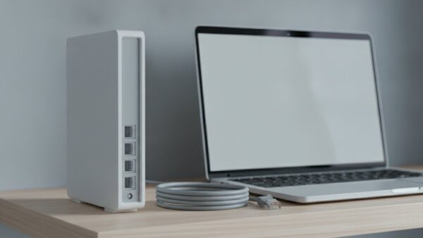 vodafone login bild 3 WeiĂźer Kabelrouter auf einem Holzregal neben Netzwerkkabel und Laptop mit leerem Bildschirm