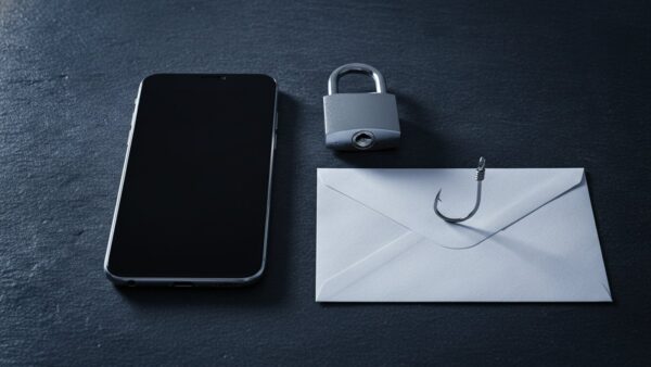 vodafone login bild 4 Smartphone, geschlossenes Vorhängeschloss und Briefumschlag mit Angelhaken als Symbol für Phishing