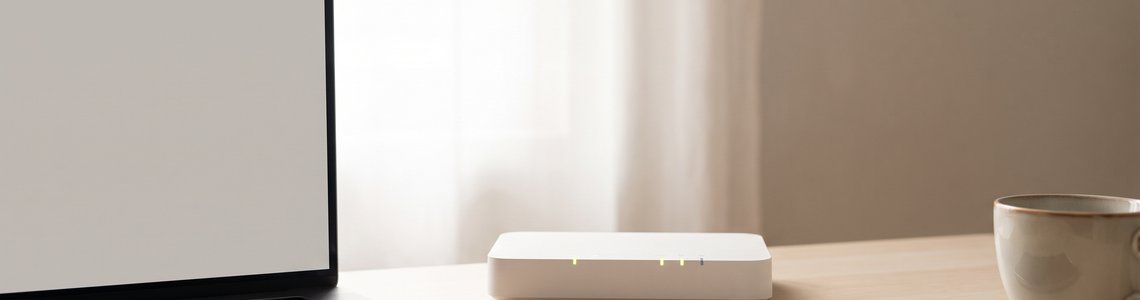 Arbeitsplatz mit Laptop, weißem WLAN-Router und Smartphone im Morgenlicht