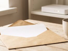 Geöffneter Brief ohne Text neben Kaffeetasse, dahinter ein Router
