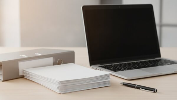 vodafone preiserhoehung bild 3 Stapel leerer Rechnungen, Aktenordner und Laptop auf hellem Schreibtisch