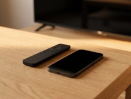 Fernbedienung und Smartphone mit dunklem Display auf einem Couchtisch vor einem Fernseher