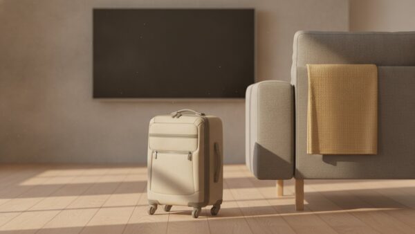 waipu tv login bild 4 Gepackter Reisekoffer neben einem Sofa vor einem dunklen Fernsehbildschirm