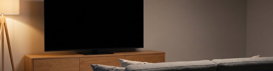 Dunkler Flachbildfernseher auf einem Holzsideboard in einem abendlichen Wohnzimmer
