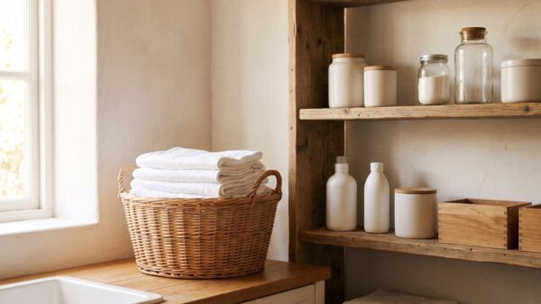 waschmaschine trockner schrank bild 3 Wäschekorb mit gefalteter Wäsche neben unbeschrifteten Behältern