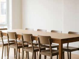 Leerer Gemeinschaftsraum mit langem Holztisch und acht Stühlen vor einem Fenster