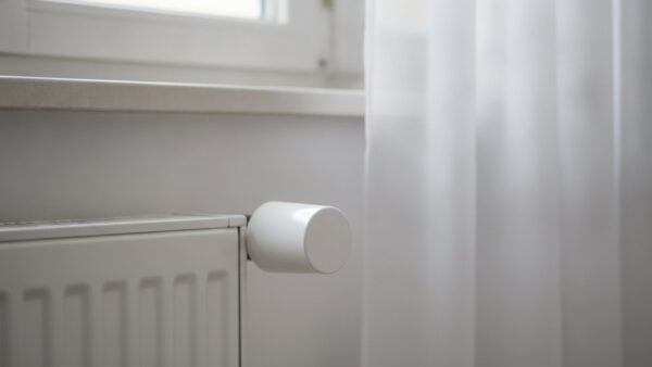 Weißer Heizkörper unter einer Fensterbank mit unbeschriftetem Thermostatkopf