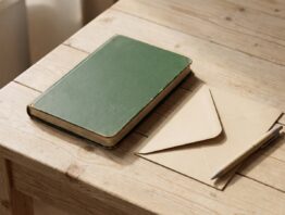 Geschlossenes dunkelgrünes Heft neben einem leeren Briefumschlag und einem Kugelschreiber auf einem Holztisch