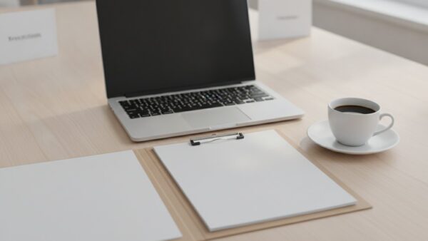 wehrdienst rente bild 4 Laptop mit dunklem Bildschirm, ein offener Ordner mit leeren Blättern und eine Kaffeetasse auf einem Schreibtisch