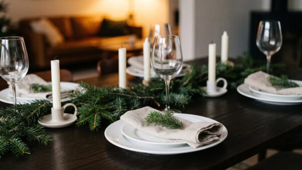 weihnachtsessen bild 1 Gedeckter Weihnachtstisch mit Tellern, Kerzen und Tannenzweigen