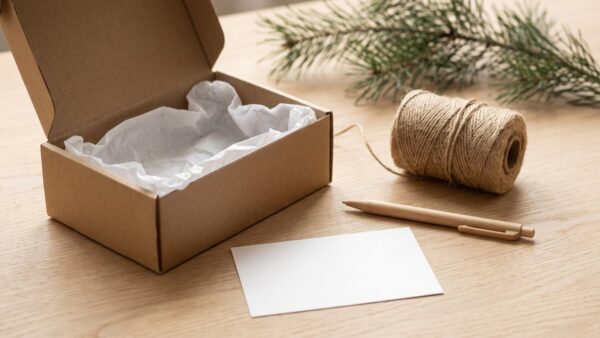 weihnachtsgeschenke frauen bild 4 Geschenkkarton mit Seidenpapier und Notizzettel auf einem Tisch