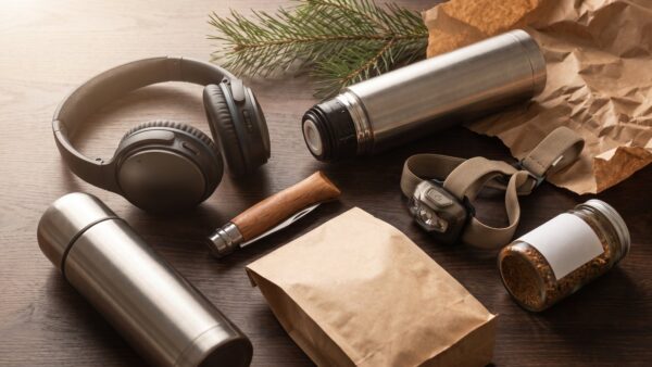 weihnachtsgeschenke maenner Auswahl typischer Weihnachtsgeschenke fuer Maenner auf einer Holzflaeche